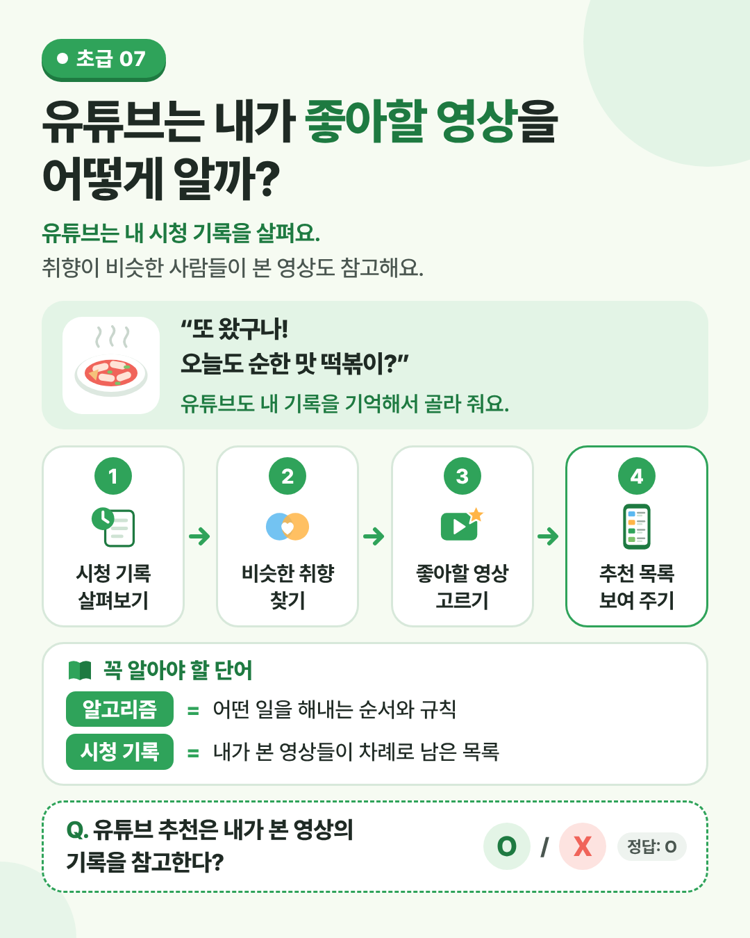 유튜브는 내가 좋아할 영상을 어떻게 알까? 인포그래픽. 내 기록과 비슷한 취향의 사람들 기록을 함께 살펴서 골라 줘요.