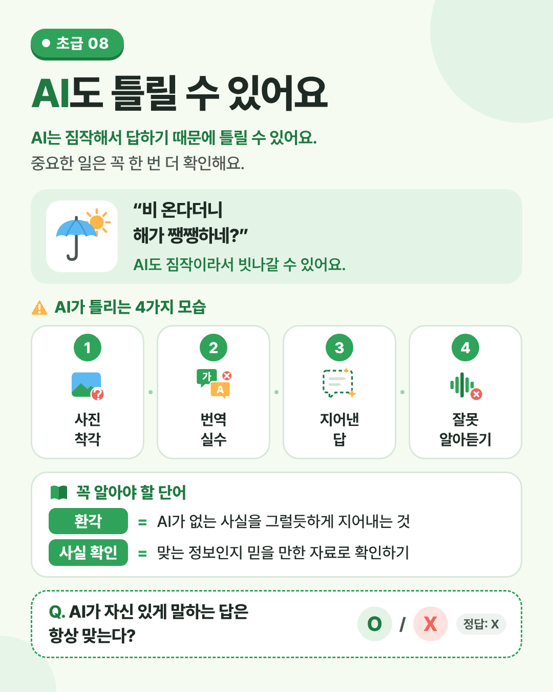 AI도 틀릴 수 있어요 인포그래픽. AI는 짐작해서 답해요. 그래서 틀릴 수 있고, 중요한 일은 꼭 확인해요.
