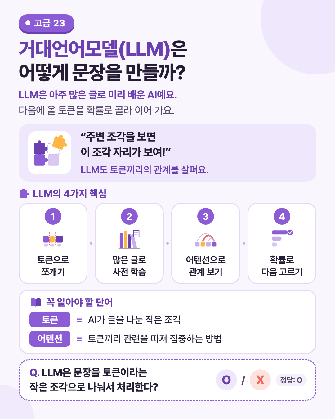 거대언어모델(LLM)은 어떻게 문장을 만들까? 인포그래픽. 글을 토큰으로 나누고, 앞 내용을 보고 다음 토큰을 확률로 골라요.