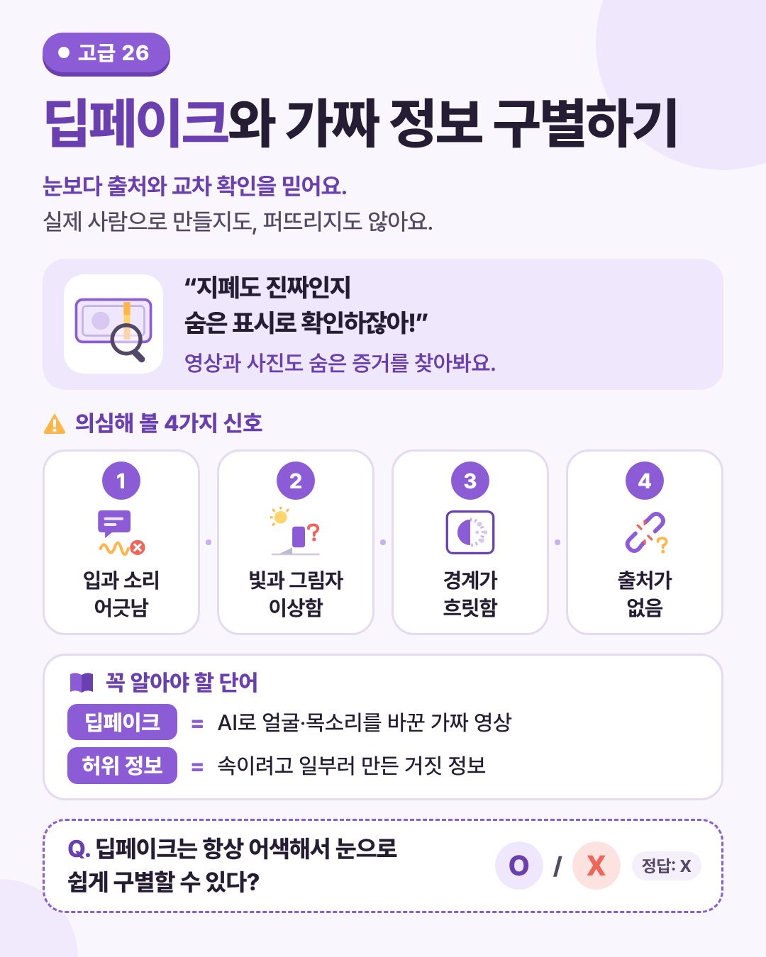 딥페이크와 가짜 정보 구별하기 인포그래픽. 눈으로만은 어려워요. 출처를 확인하고 여러 곳에서 교차 확인해요.
